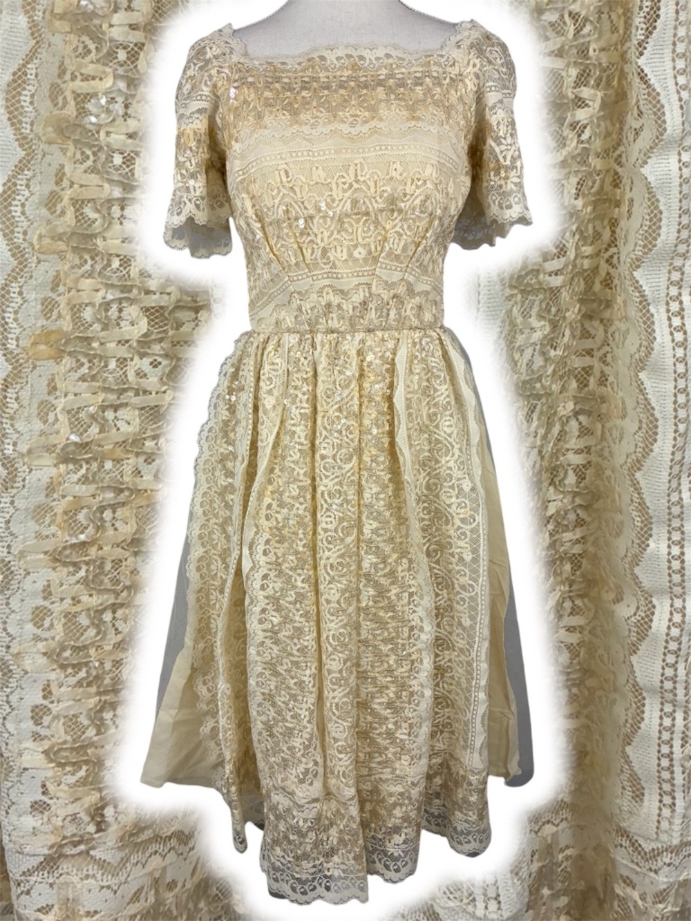 Victorian Sequin Lace Dress Cream Ribbon Applique Bardot Cottagecore Layered